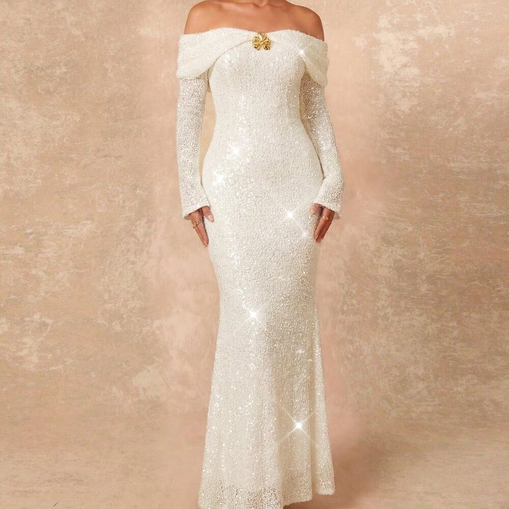 Beige Preppy Women's Off-Shoulder Sequin Mermaid Dress